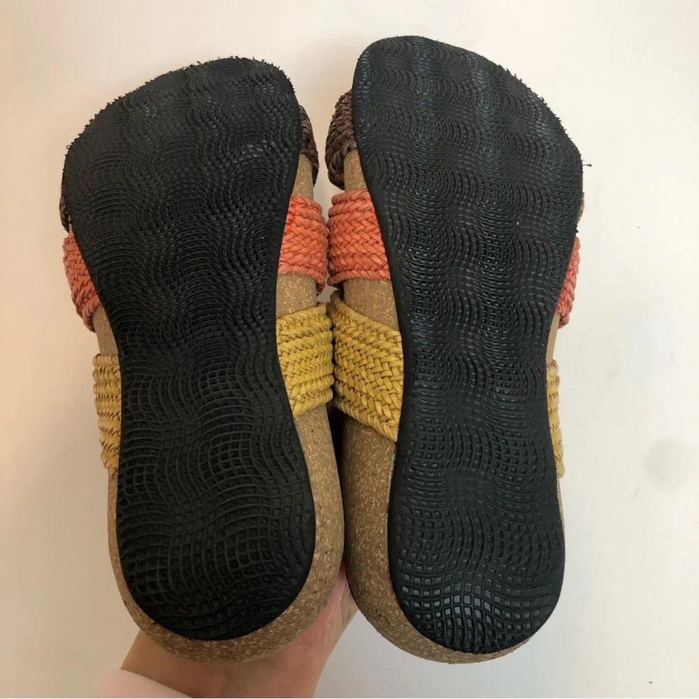 Taos Footwear Woven Slide Sandals in Yellow, Coral & Brown